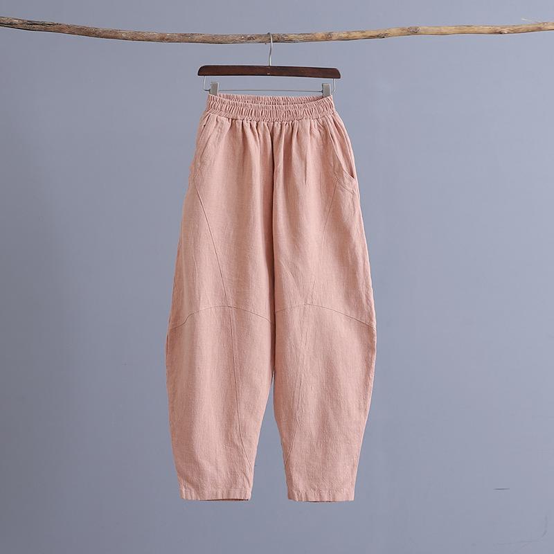 2025 Podzim Dámské Nadměrné Velikosti Retro Lněné Kalhoty na Jógu - Sešívané, Jednobarevné, Styl Zenové Meditace