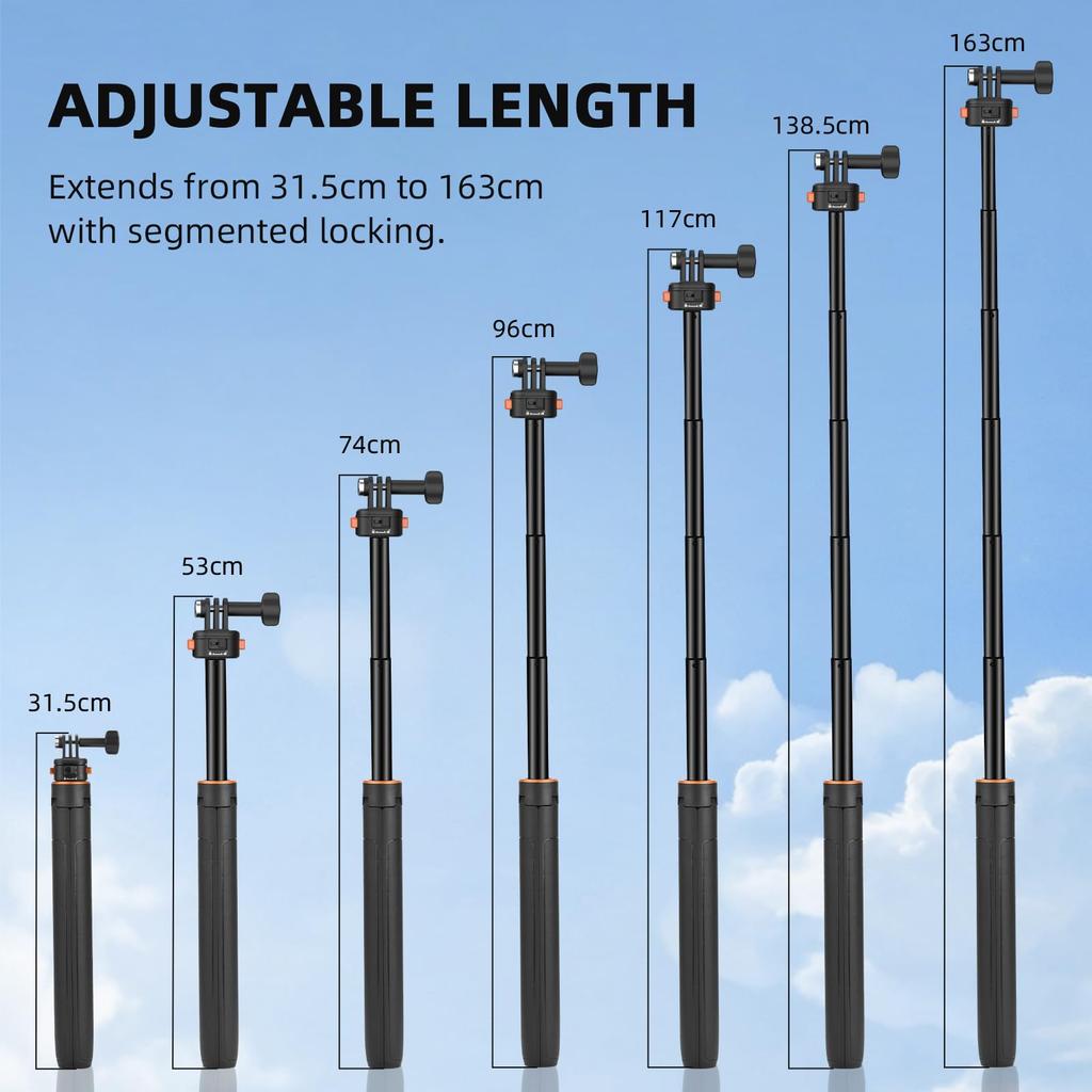 162CM Selfie Tripod Stand for Action Camera with Quick Release Inch Extendable Pocket Tripod for DJI Osmo Pocket 5 Insta360 AKASO DSLR Lightweight