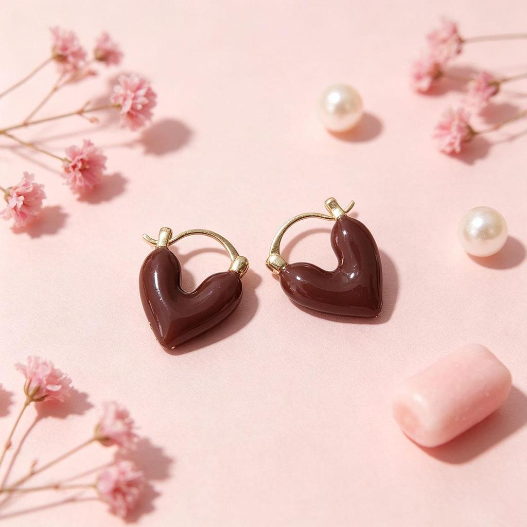 French-style coffee heart ear clip for women, niche design earrings, daily fashion, minimalist, cool style