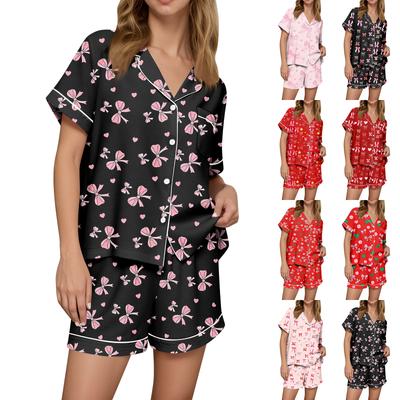 Women's Casual Fashion Christmas Print Short,sleeved Home Wear Button,down Short,sleeved T,shirt And Shorts Pajamas