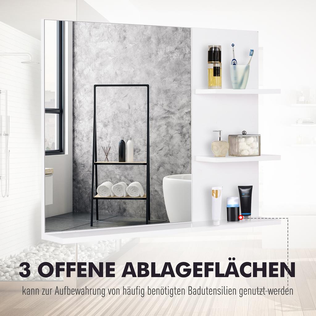 Modern Bathroom Mirror, Wall-mounted Vanity Mirror with 3 Tiers Storage Shelves for Make Up, White