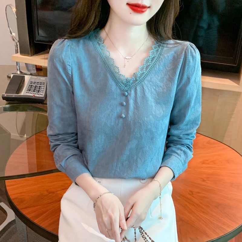 

Women s V-Neck Blouse Long Sleeve Lace Trim Button Front Casual Top Shirts S синій