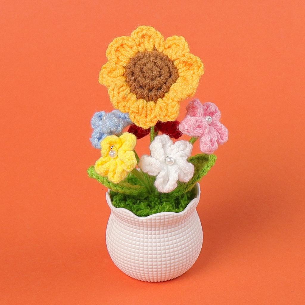 Hand-Knitted Wool Fake Flowers Set: Sunflower, Carnation, Tulip - Desktop Decor, Teacher/Student Gift, Everlasting Bouquet