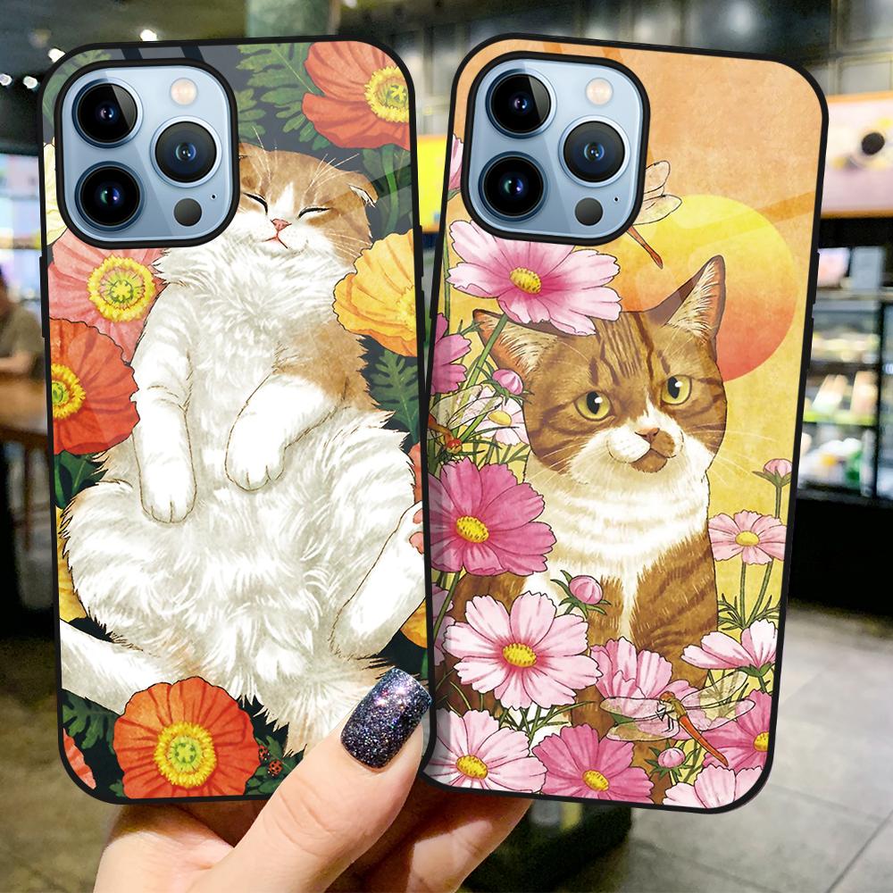 Cartoon Cute Cat Case for Iphone 14 13 11 12 Pro Max Mini Xs Xr X 7 8 6s Plus Se 2022 Tempered Glass Cover Animal Fundas
