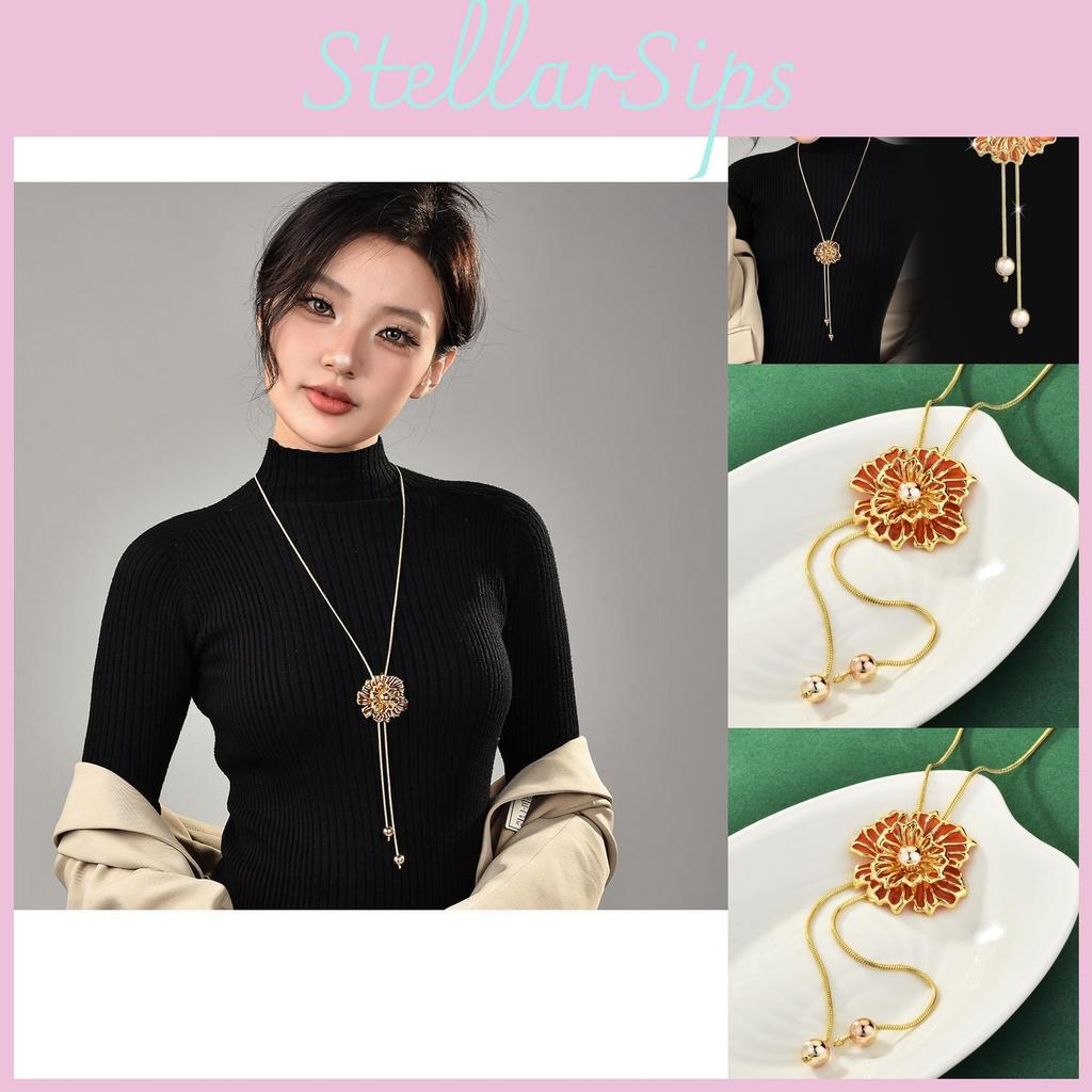 Flower Rose Trendy Sweater Chain Necklace For Women With Hollow Floral Accents Charm And