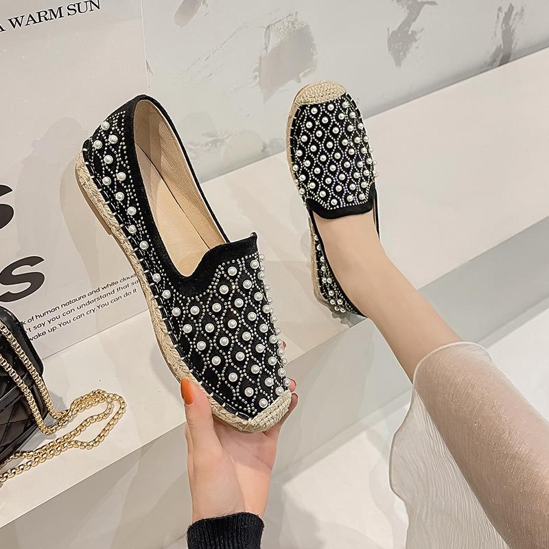 Mode Damen Kristall Perlen Ballerinas Handgefertigte Schuhe Hanf Espadrilles Femmes Gummi Slipper Fischer Trendige Mokassins Oxford Sneakers Frau