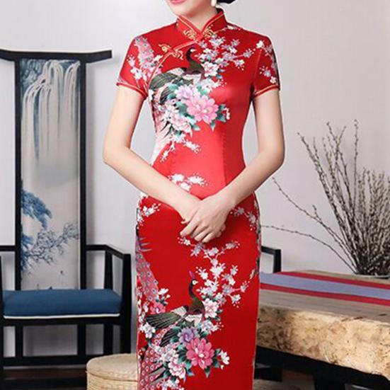 Women Dress Chinese National Style Floral Print Stand Collar Short Sleeves High Side Split Chinese Knot Buttons Cheongsam Satin Silky Slim Fit Summer