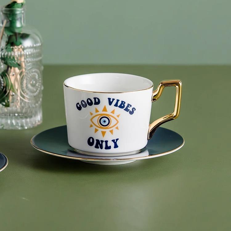 Juego de Taza de Café y Té de Cerámica con Platillo, Moda Europea Azul Ojo Maligno, 250ml, para Té de la Tarde en Casa