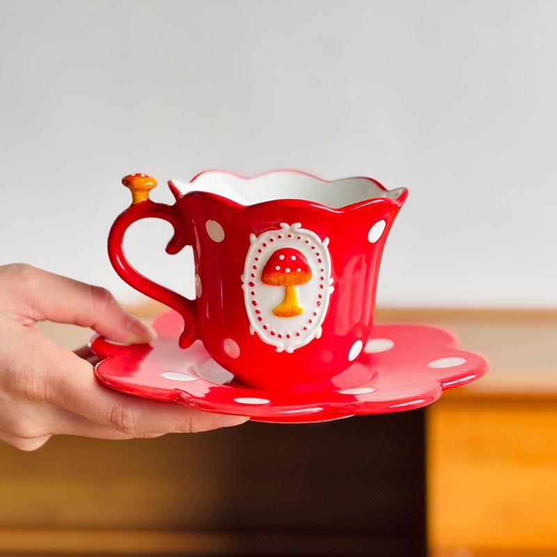 Red Mushroom High Value Coffee Cup And Saucer Set Underglaze Color Ceramic Water Cup Lace Small Fresh Latte Cup Coffee Cup