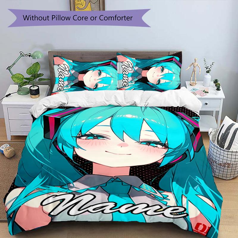 Set Copripiumino Hatsune Miku 3 Pezzi - Nome Personalizzato, Biancheria da Letto Stampata HD con 1 Copripiumino e 2 Federe - Perfetto per l'Arredamento della Casa, Facile da Curare