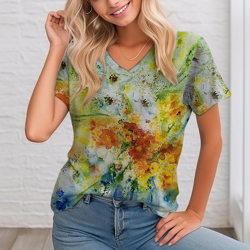 Women's V-neck Digital Printed Top Summer Short Sleeved Loose Women's Floral T-shirt
