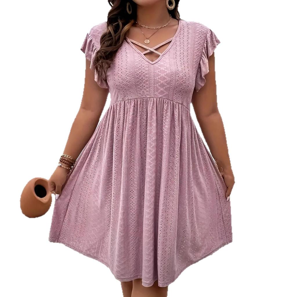 2025 European Spring Women's V-neck Hollow Short Sleeve Cover-up Dress