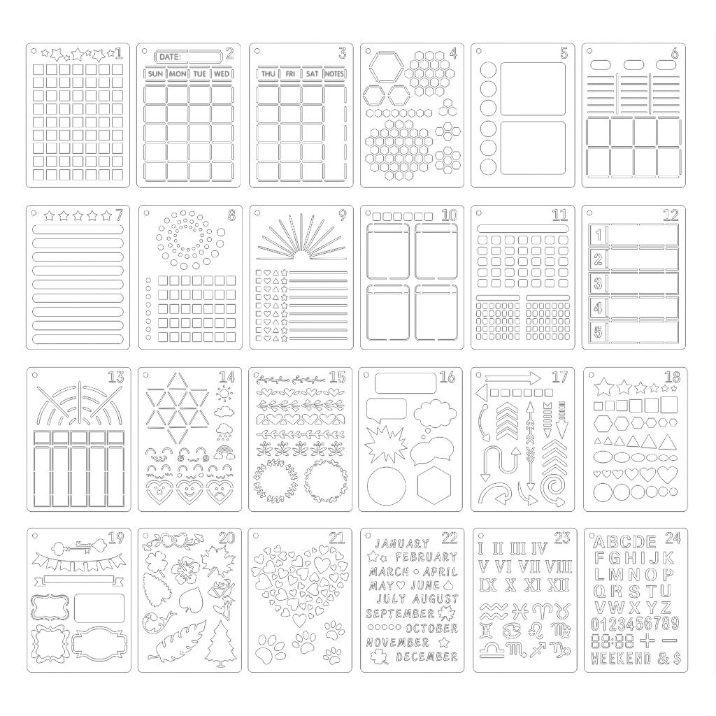 24Pieces A5 Journal Templates Scrapbooking Stencils for DIY Journal Planner Notebook Graffiti Painting DIY Craft Project