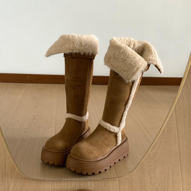 

Men Women Winter Boots Cotton Platform Warm Fur Snow Fashion Flats Shoes Female Vintage Knight Long Booties Mujer 37