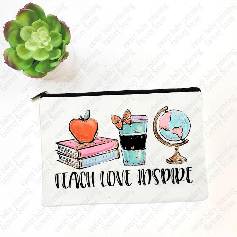 Teach Love Inspire Teacher Makeup Cosmetic Bags  Back To School Gift Beauty Cases Pencil Pouch Organizer Storage Box Mini Purse