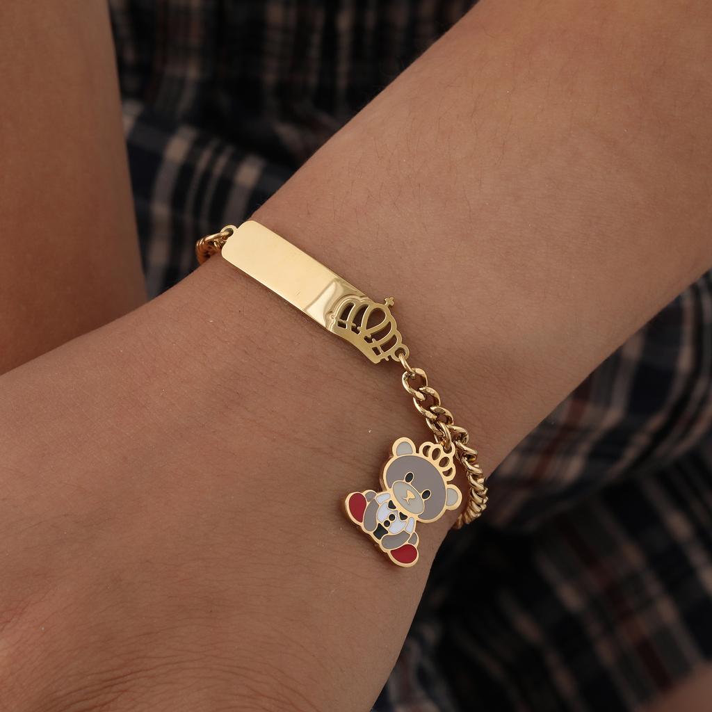 Free Personalize Baby Hollow Crown Bear Bracelet Anti Allergy Stainless Steel Custom Name ID Newborn Infant Baptism Cute Gifts