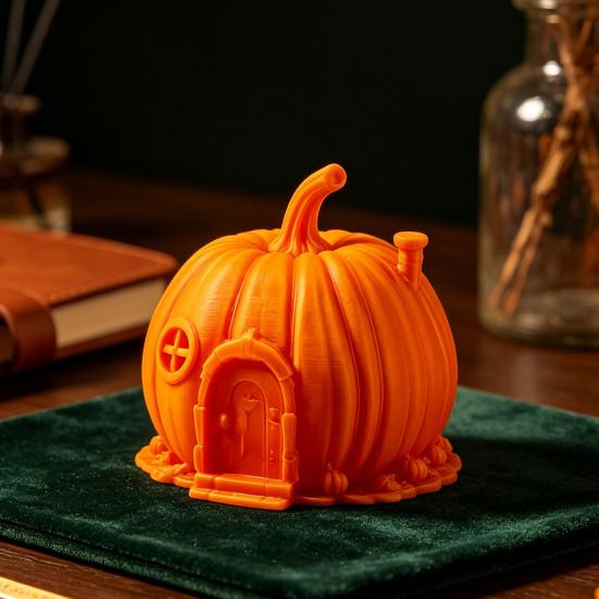 Retro Style Pumpkin Home Accents 3D Printed House Ornament for Halloween, Miniature Fairy Tale Cabin Creative Halloween Party Table Centerpiece