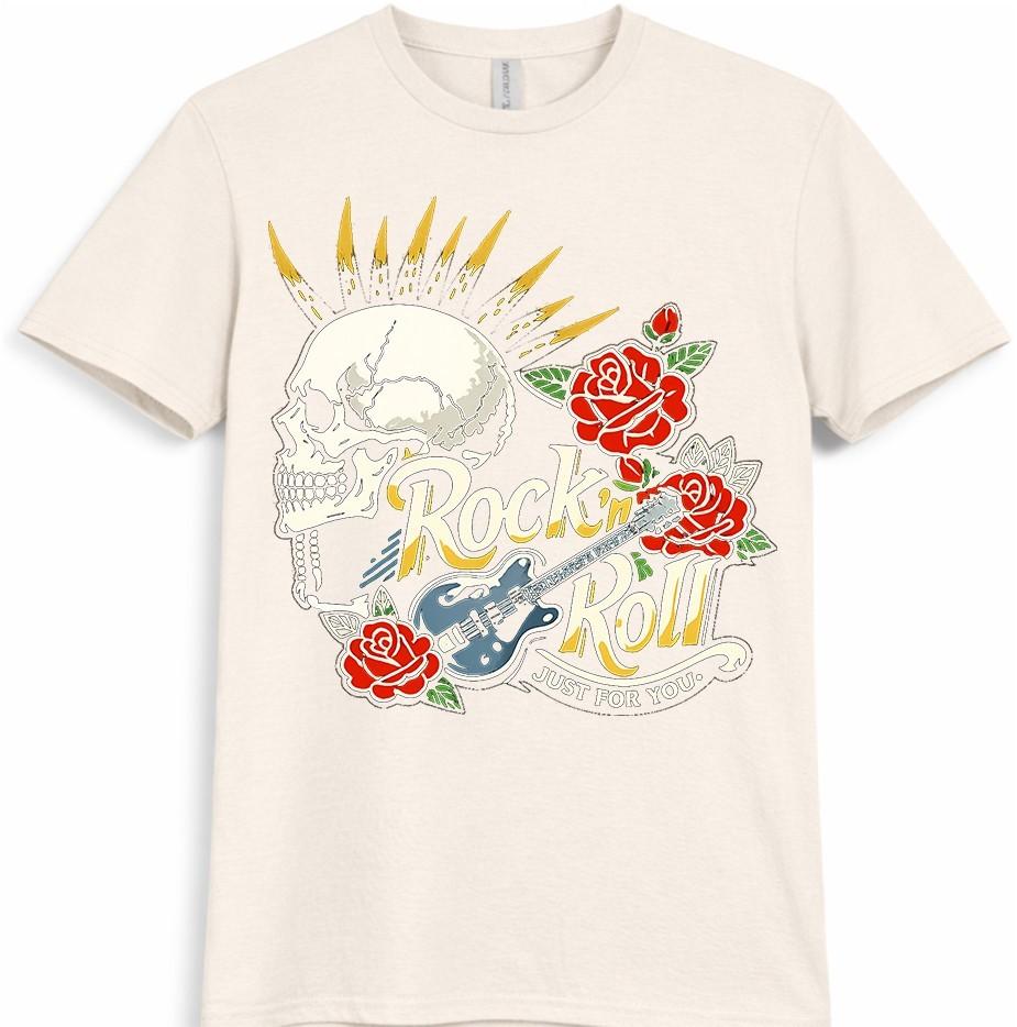 Rock N Roll Skull T Shirt Guitar Roses Vintage Music Graphic Tee Unisexs Unisexs