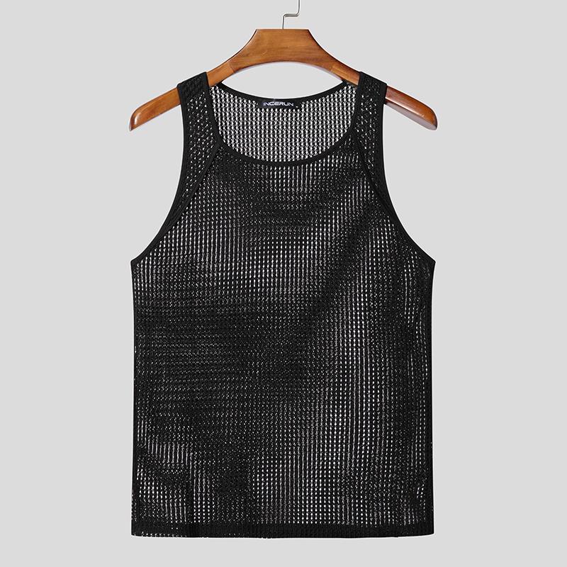 

INCERUN Мужские топы с круглым вырезом без рукавов из сетчатой пряжи с ажурной отделкой, футболки XL чёрный