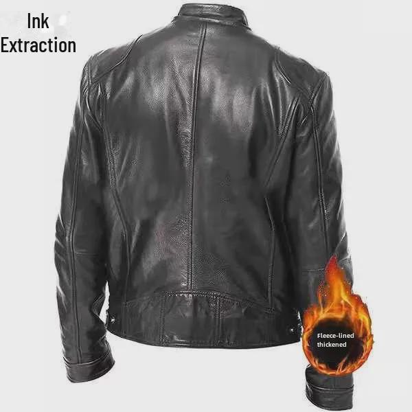 Men's Winter Slim-Fit Stand Collar PU Leather Motorcycle Jacket with Velvet Lining