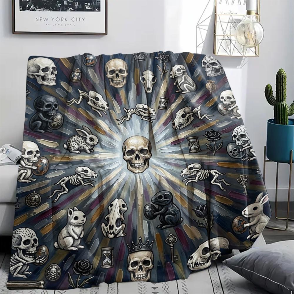 1Pc Skull Print Flannel Blanket, High quality Comfortable for All Seasons, Home Decor, Warmth and Comfort, Perfect for Christmas Gifts W52