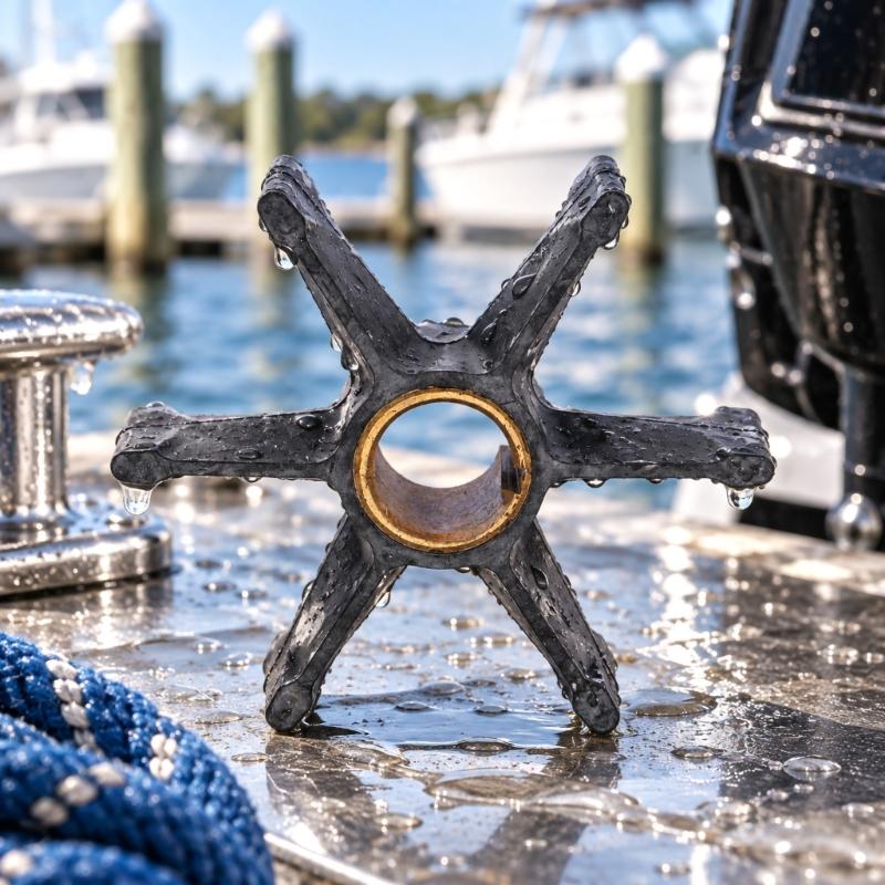 Neoprene Outboard Motor Water Pump Impeller with Keyed Brass Sleeve, Six Radially Arranged Blades and Reference Numbers 379475 and 777130