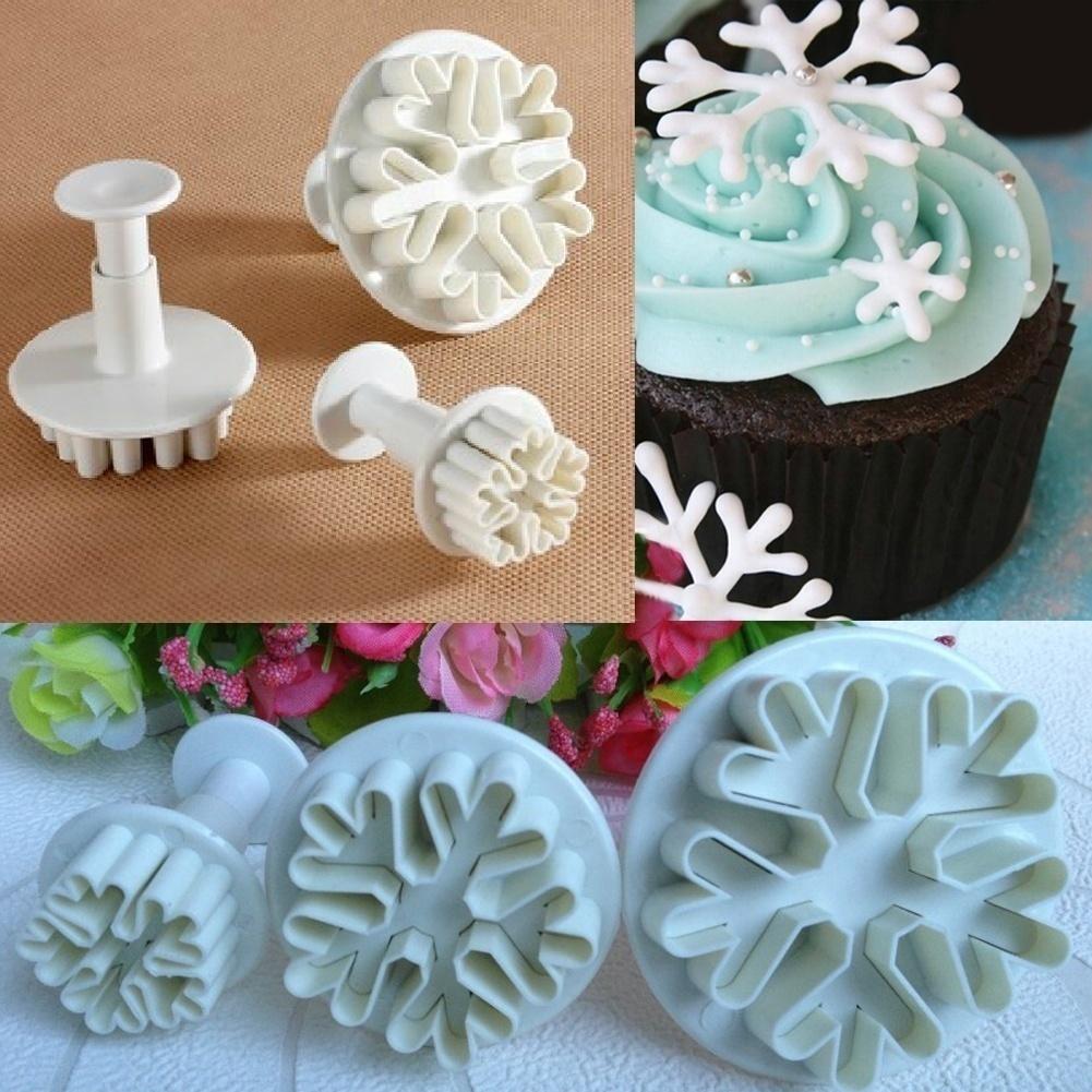 3Pcs Snowflake Cake Decorating Fondant Plunger Cutters Mold Mould Cookies Tools Silicone Molds 2023