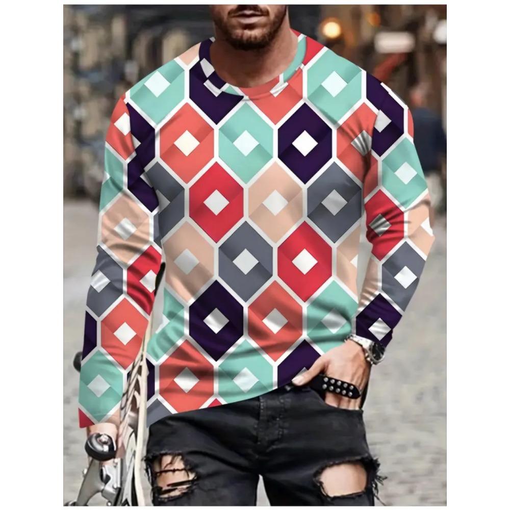 T Shirts for Man Geometric Block 3D Print Autumn Long Sleeve T-Shirt Pullover Casual Male Tops Street Lightweight Men's Clothes