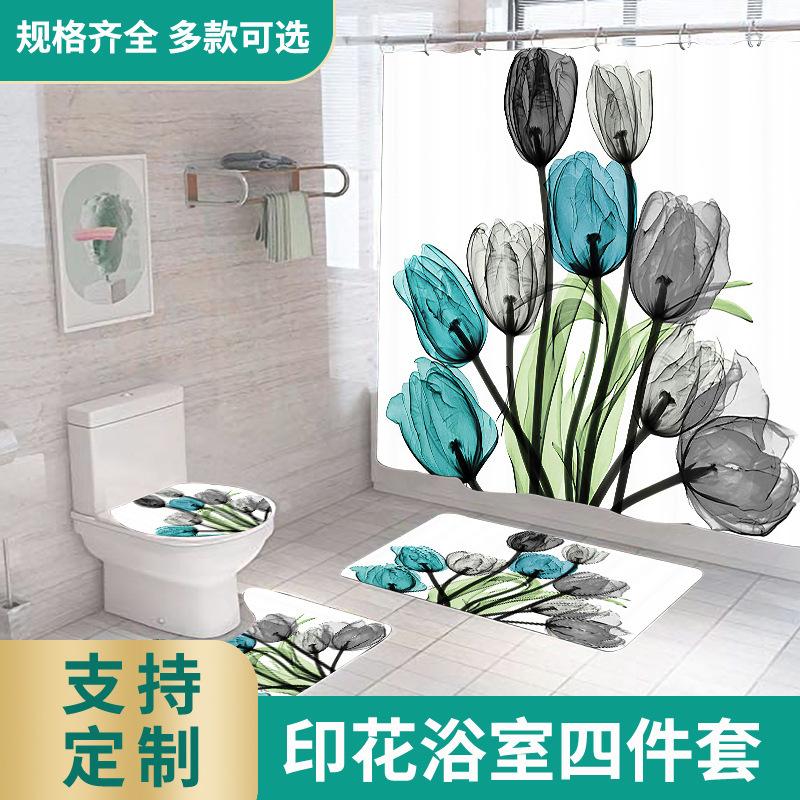 Flower 3D Digital Printing Shower Curtain Bathroom Without Punching Four-Piece Bathroom Curtain Shower Curtain Bathroom Curtain