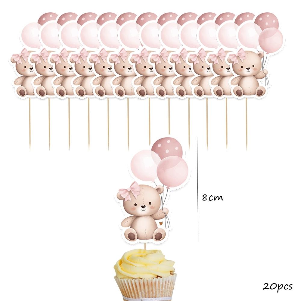 20pcs Balloon Bear Toppers Carton Cupcake Topper for Kids Baby Shower Bear Happy Birthday Party Decorations DIY Cake Supplies
