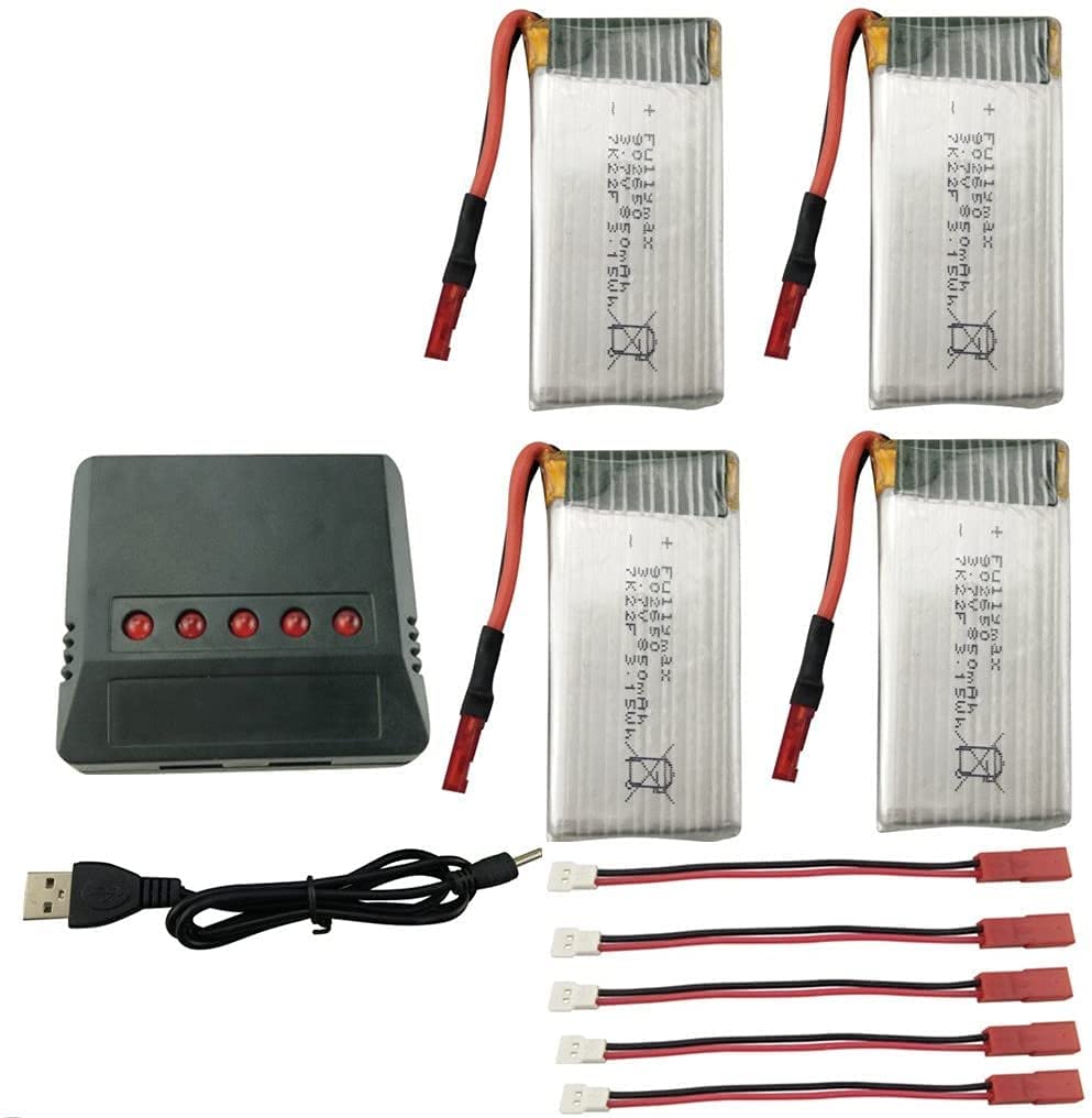 LiPo Battery Kit 4x 3.7V 850mAh with USB Charger | Compatible with Syma X56, X56W, X54HW, X54HC 50x26x9 Mm