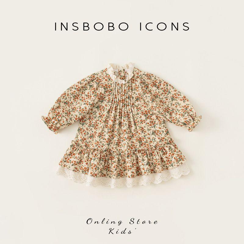 Insbobo Girls Dress Kidsren s Floral Dress 2026 Spring New Style Little Girl Princess Dress Fashionable Spring Dress Orange floral print 80