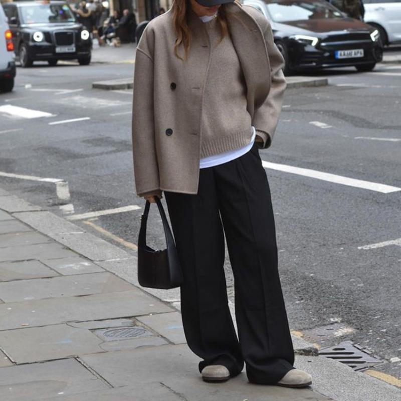 Single Breasted Women Jacket  Autumn Winter Pure Color Long Sleeve Loose Female Fashion Turn-down Collar Street Outwear