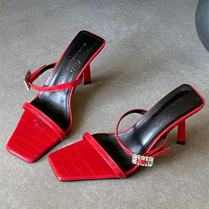 

Fashion Luxury Rhinestone Buckle Women Sandals Square Toe Open-toe Thin Heel Designer Shoes Summer Fashion Comfort Non-slip Slide Sandal 39 красный
