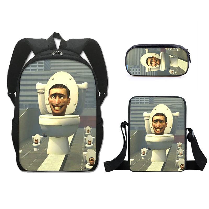 Klassisch Neuheit skibidi Toilette 3D Druck 3 Stück/Set Schüler Schultaschen Laptop Tagesrucksack Rucksack Schräge Umhängetasche Federmäppchen