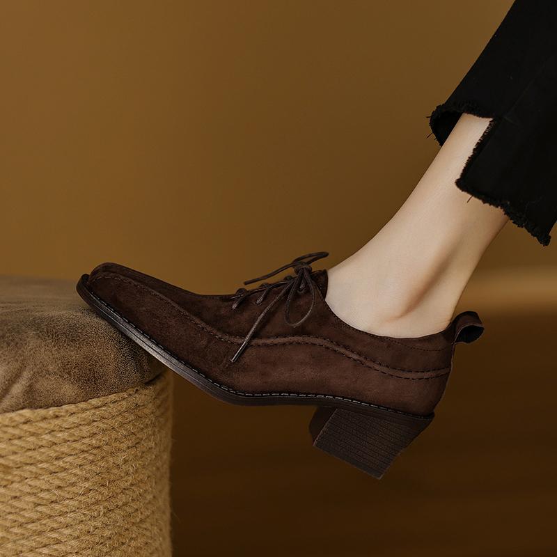 Fashion 2025 New Women Pumps Spring Autumn Office Ladies Casual Low Heels Comfortable Genuine Leather Lace-Up High-heeled Shoes Woman