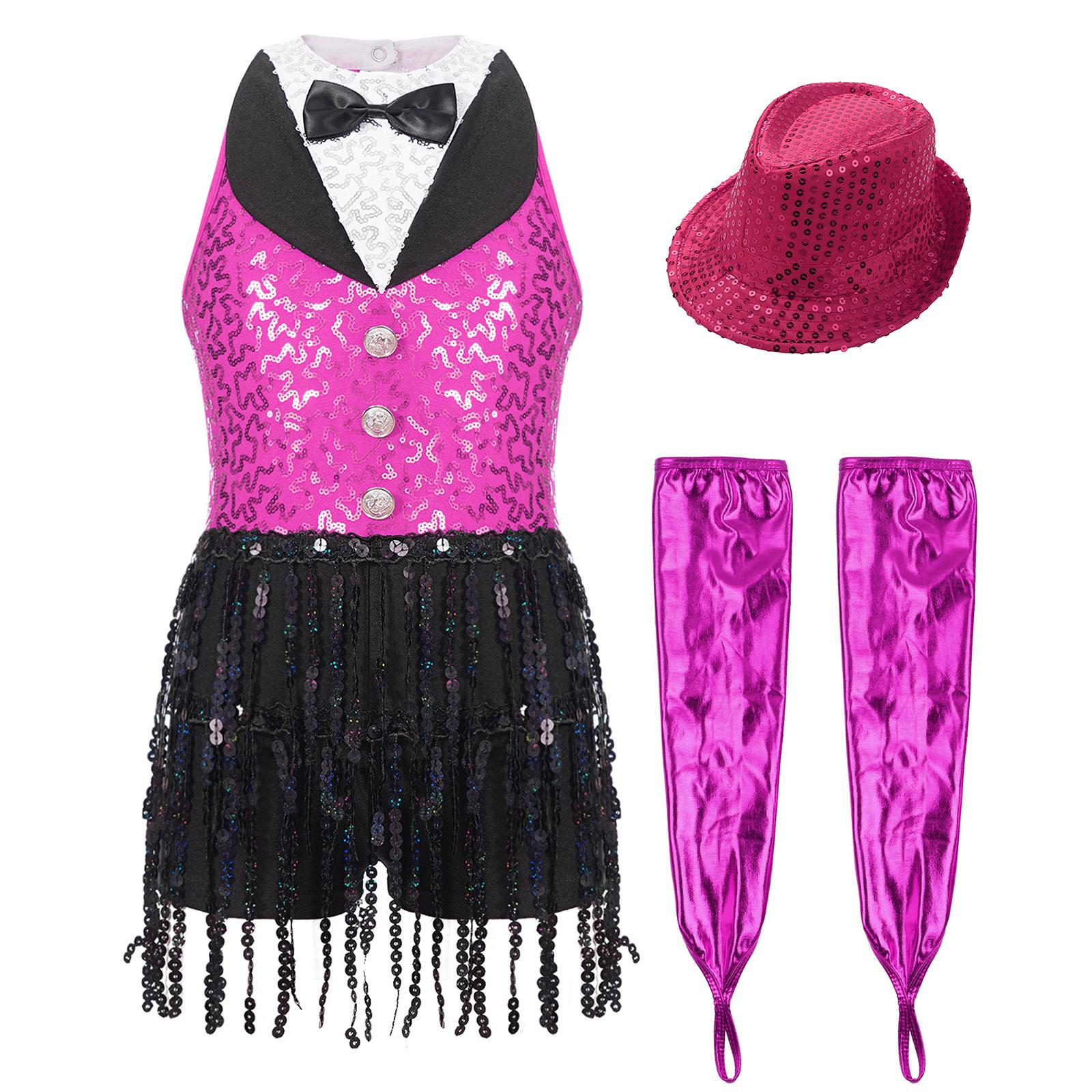 

Дівчата латиноамериканського джазового танцювального купальника без рукавів з блискітками та китицями на спині з металевими рукавичками та шапкою 11-12 Years гарячі рожевого кольору