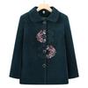 Embroidered Lapel Woolen Coat for Elderly Women - Autumn/Winter, Thickened with Velvet