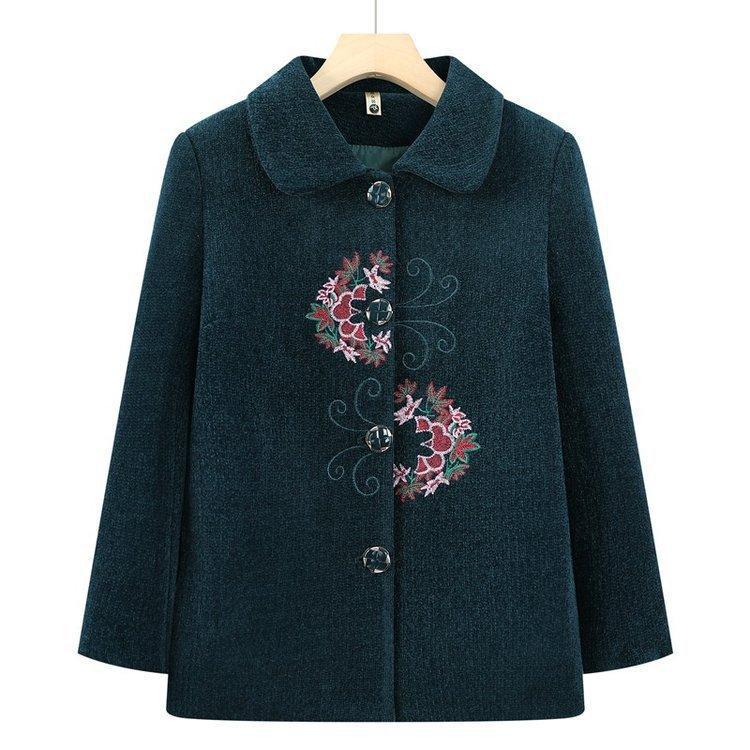 Embroidered Lapel Woolen Coat for Elderly Women - Autumn/Winter, Thickened with Velvet
