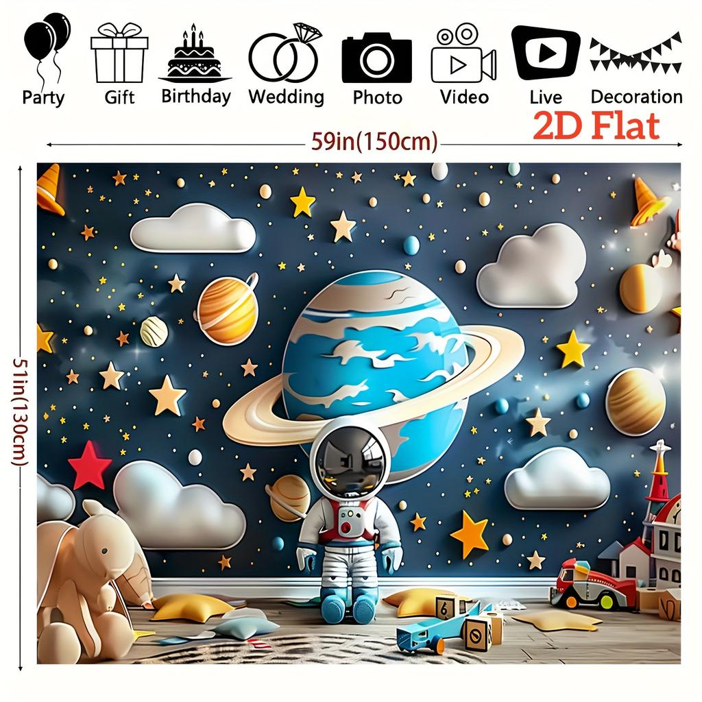 2D Flat Banner 1 Piece - Space Theme Polyester - Featuring Astronauts Planets and Stars