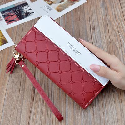 Women's Fashion Soft Pu Leather Clutch Bag Contrast Color Zipper Cell Phone Bag with Tassel Lanyard Multi-card Long Purse Gift for Girlfriend Wife