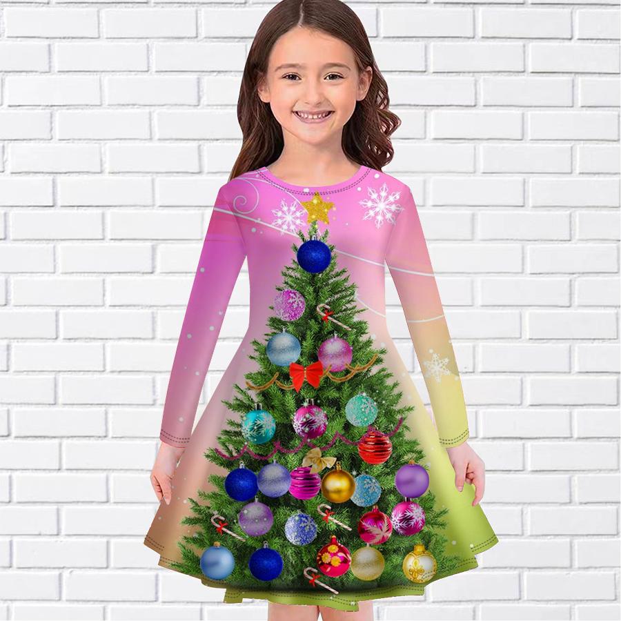 

Повседневное платье для девочек с принтом рождественской елки и снега, круглое платье с длинными рукавами, детское платье принцессы 140 розовый