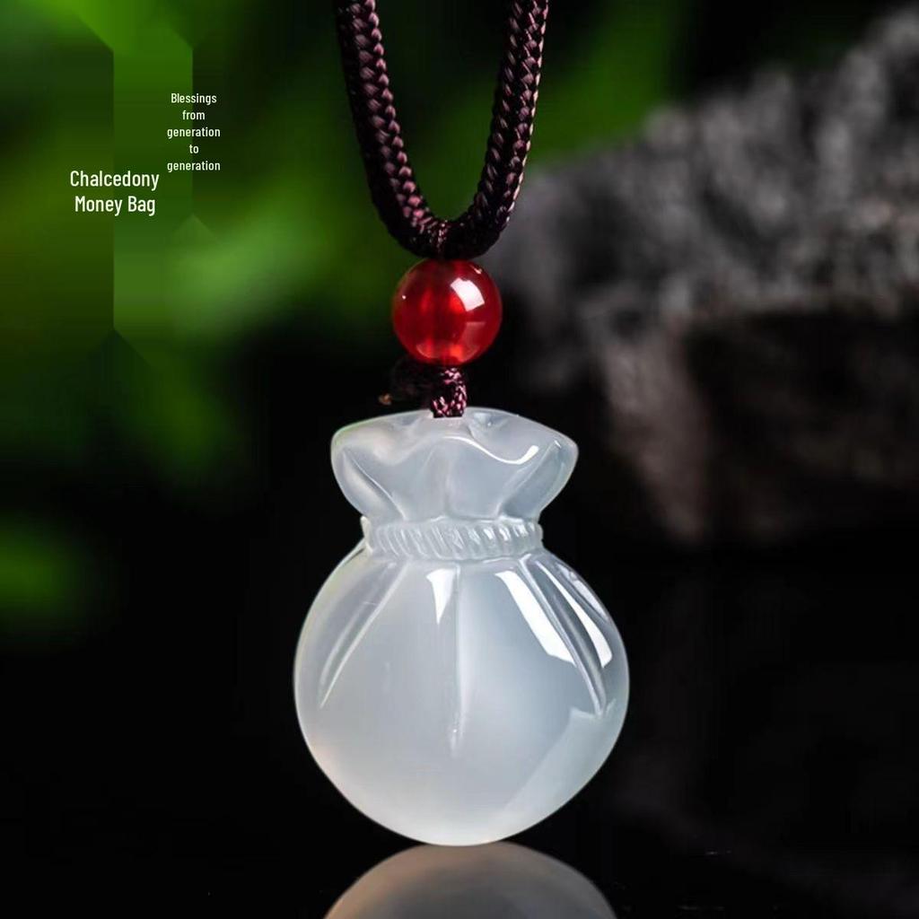 Retro Ethnic White Crystal Lucky Jade Necklace: Unisex Coin Purse Pendant for Women, Attracts Wealth & Fortune