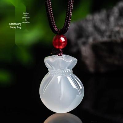 Retro Ethnic White Crystal Lucky Jade Necklace: Unisex Coin Purse Pendant for Women, Attracts Wealth & Fortune