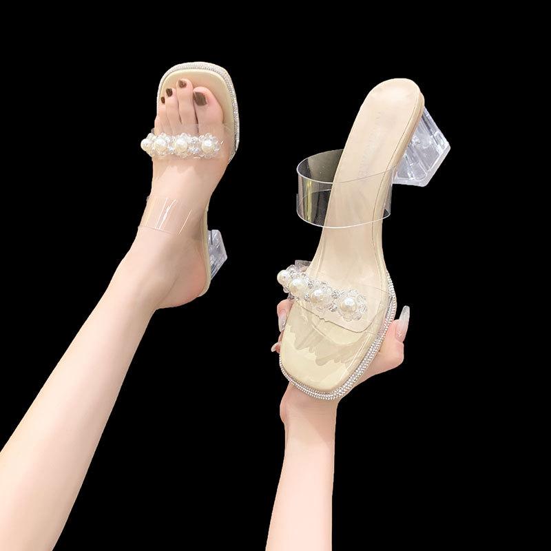 Fairy wind high-heeled slippers female summer wear 2025 new transparent rhinestone one-word drag crystal thick-heeled cool slippers