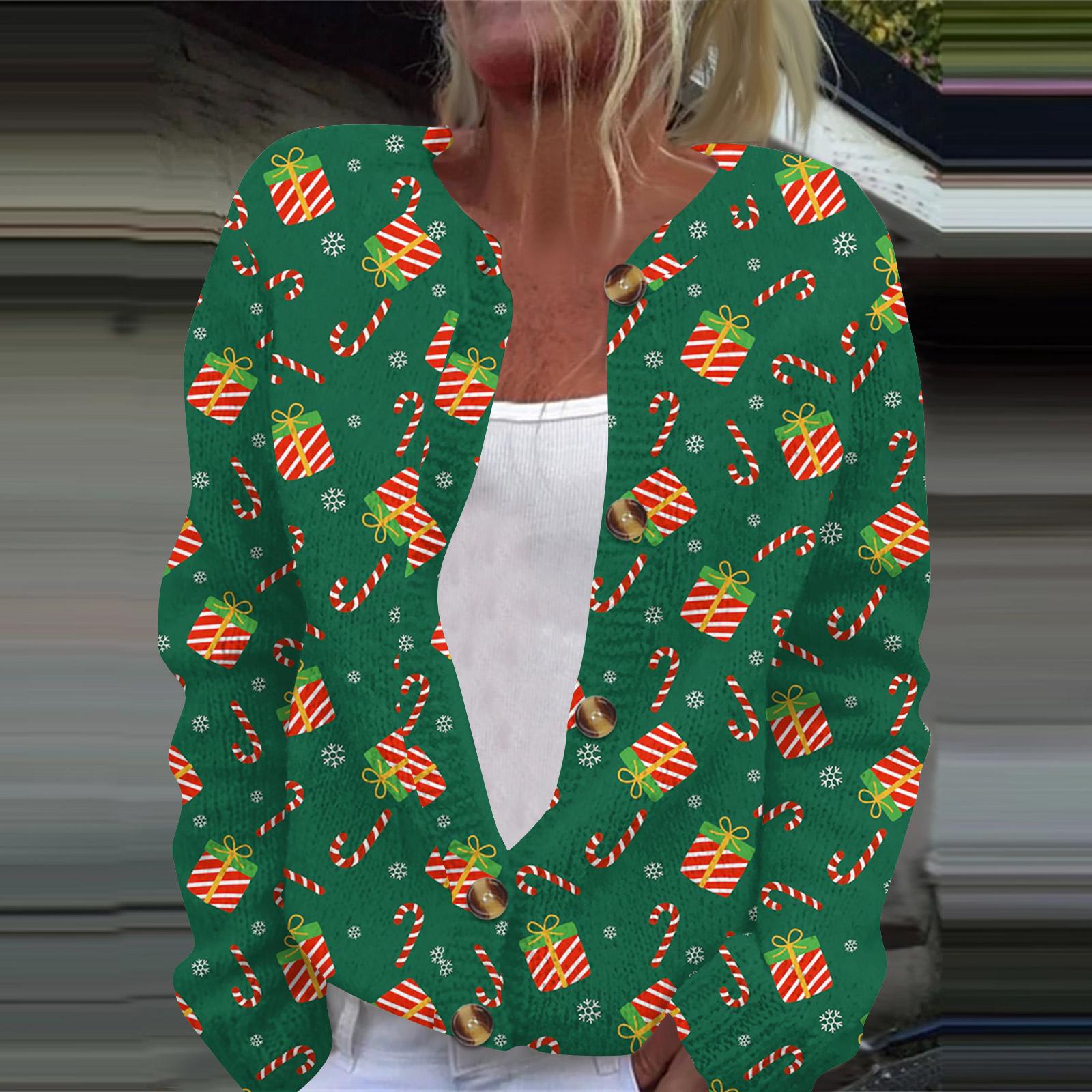 Женская мода рождественский принт длинный рукав вязаный кардиган пуховик L