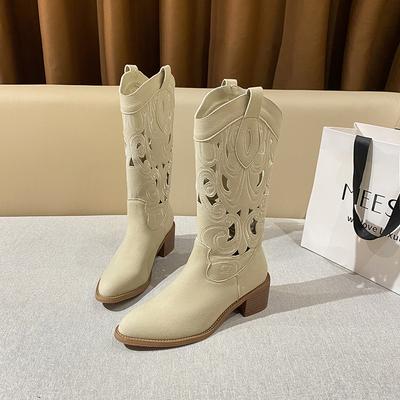 New Hollow Embroidered Vintage Western Boots Women Autumn Chunky Heels Knee High Cowboy Boots Woman Pu Leather Knight Booties