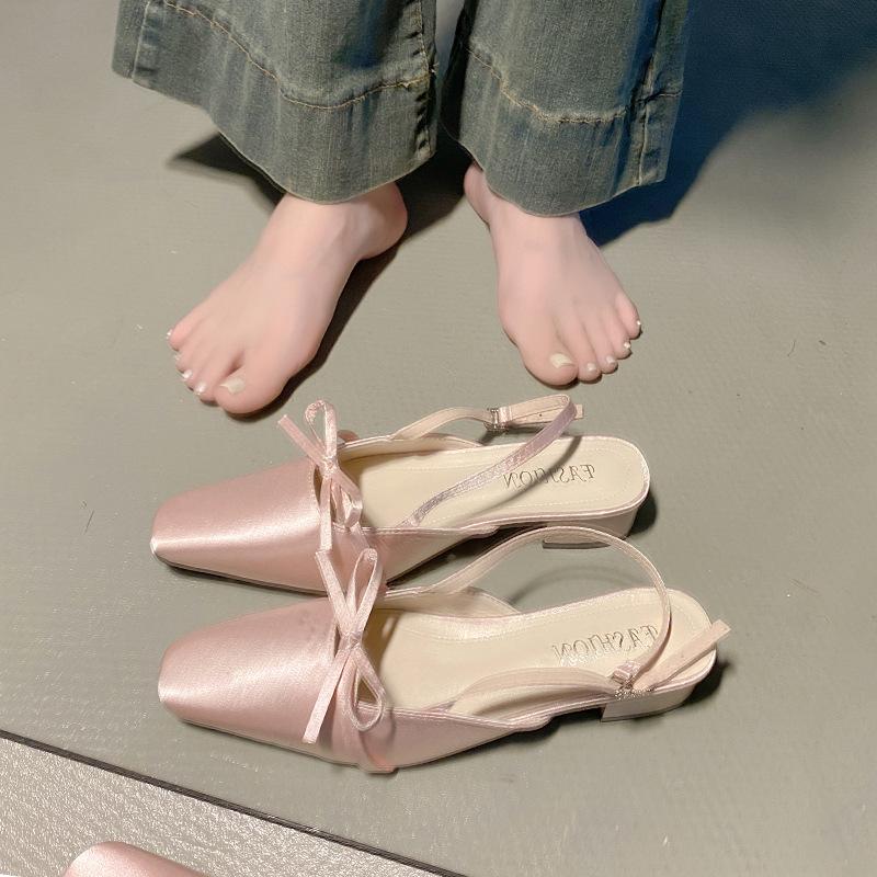 Gentle fairy Mary Jane shoes 2025 French temperament socialite bow square head light mouth empty evening sandals