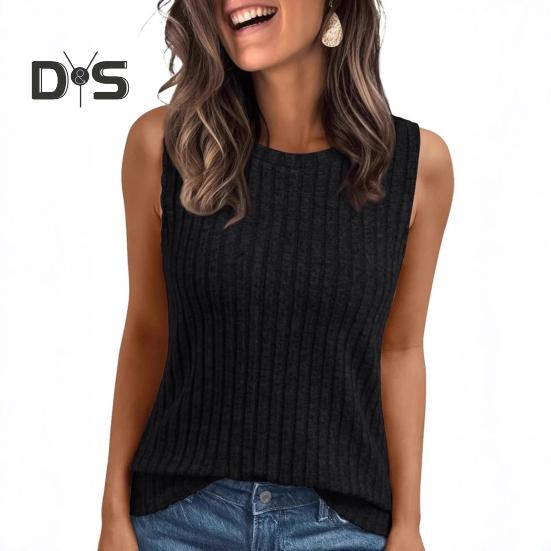 Women Tops Round Neck Sleeveless Slim Fit Knitted Tops Solid Color Elastic Ribbed Tank Tops Daily Wear