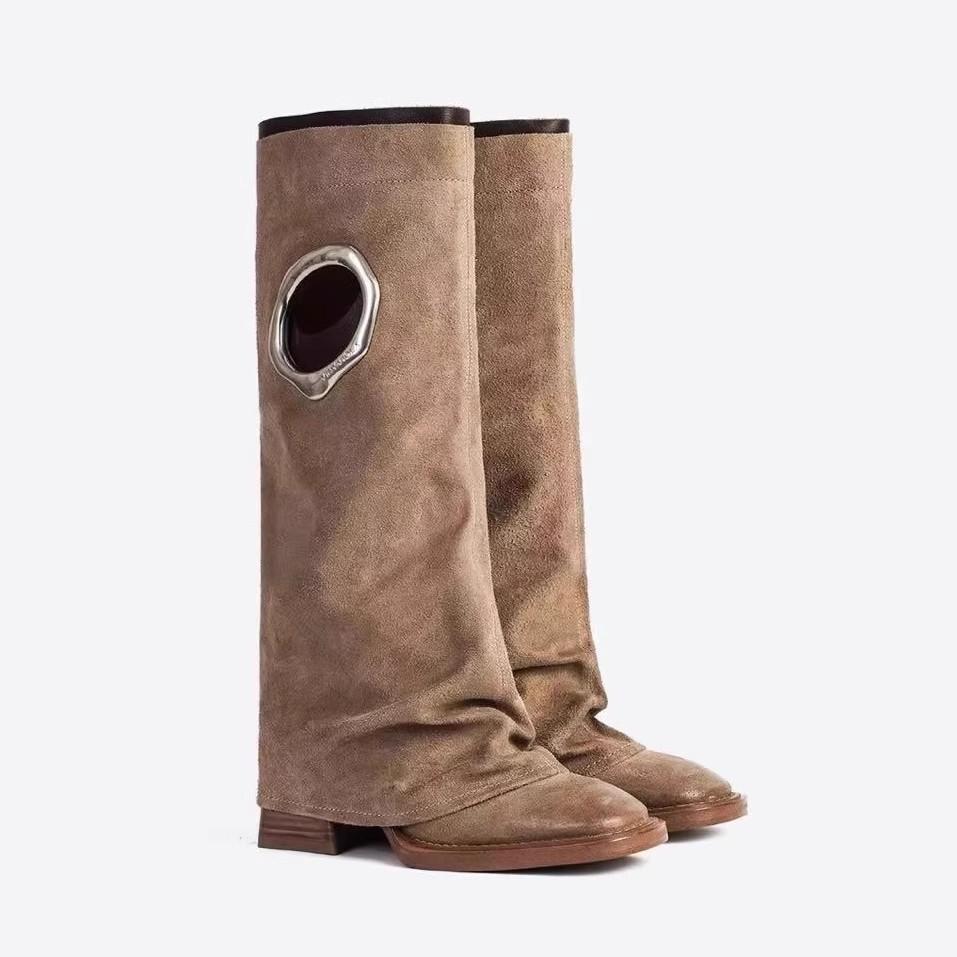 Fashion Brand Fashion 2025 New Autumn And Winter Round Head Long Boots Leather Shoes Metal Knight Boots Fold Flat Boots Punk Style